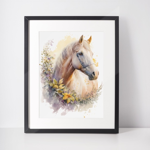 Watercolor Cute Floral White Horse Wall Art Illustration Print Poster Unframed - Picture 2 of 6